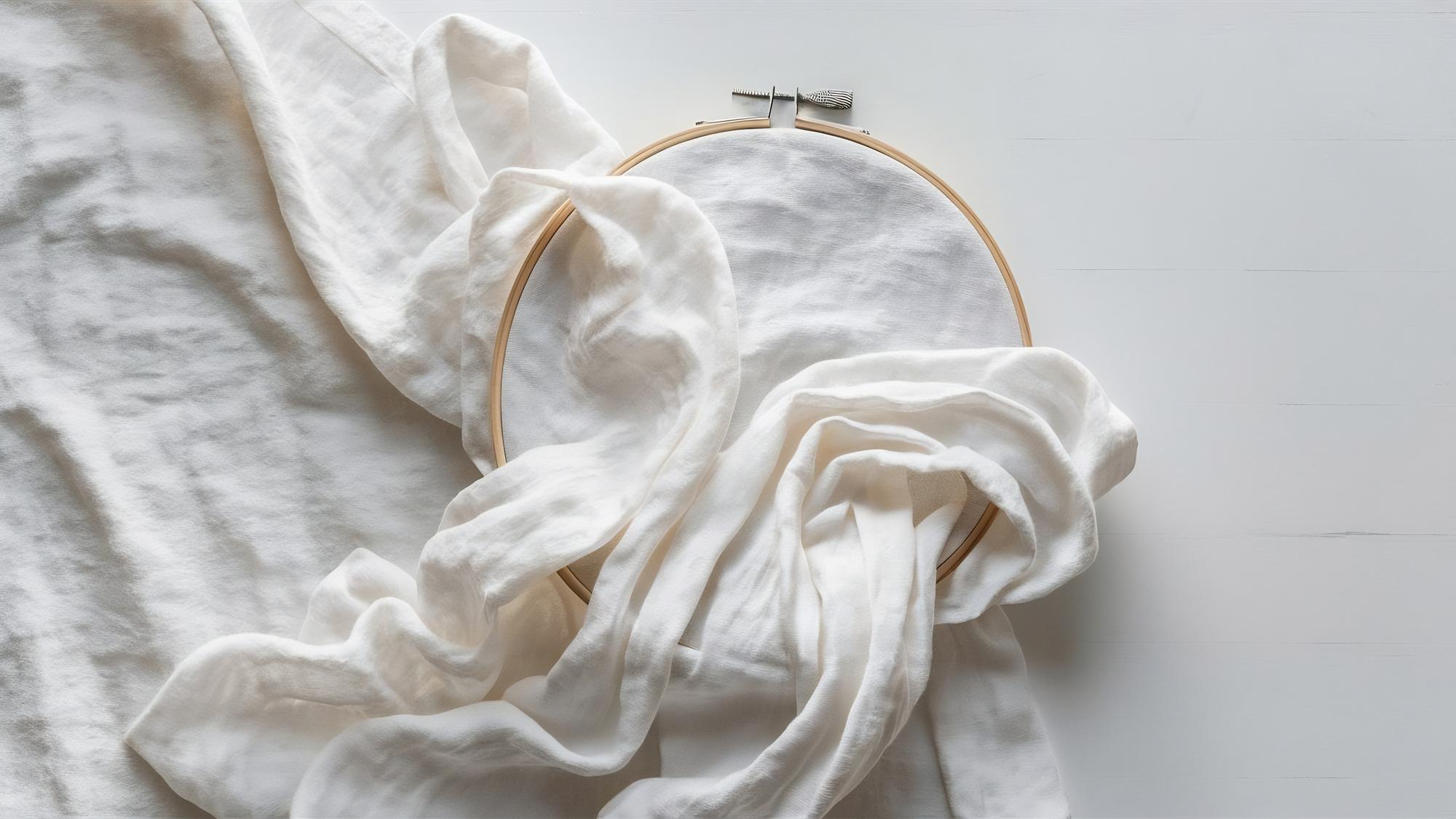 Close-up of hand embroidery on linen with warm threads